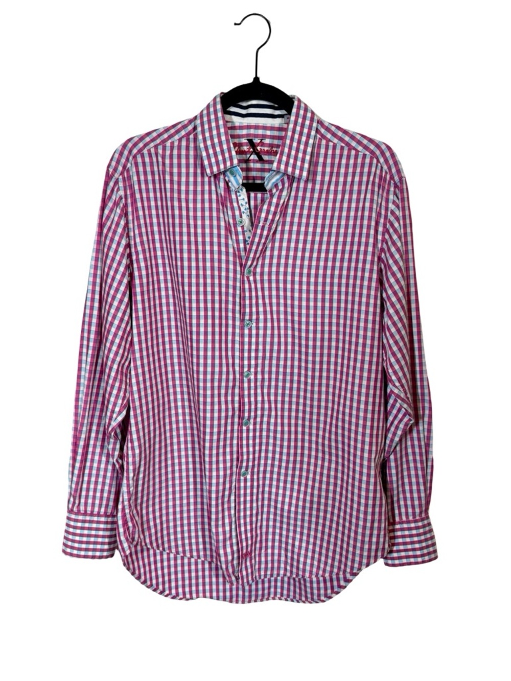 Robert Graham X Gingham Pink/Blue Button Down Shirt Floral Stripe Trim
